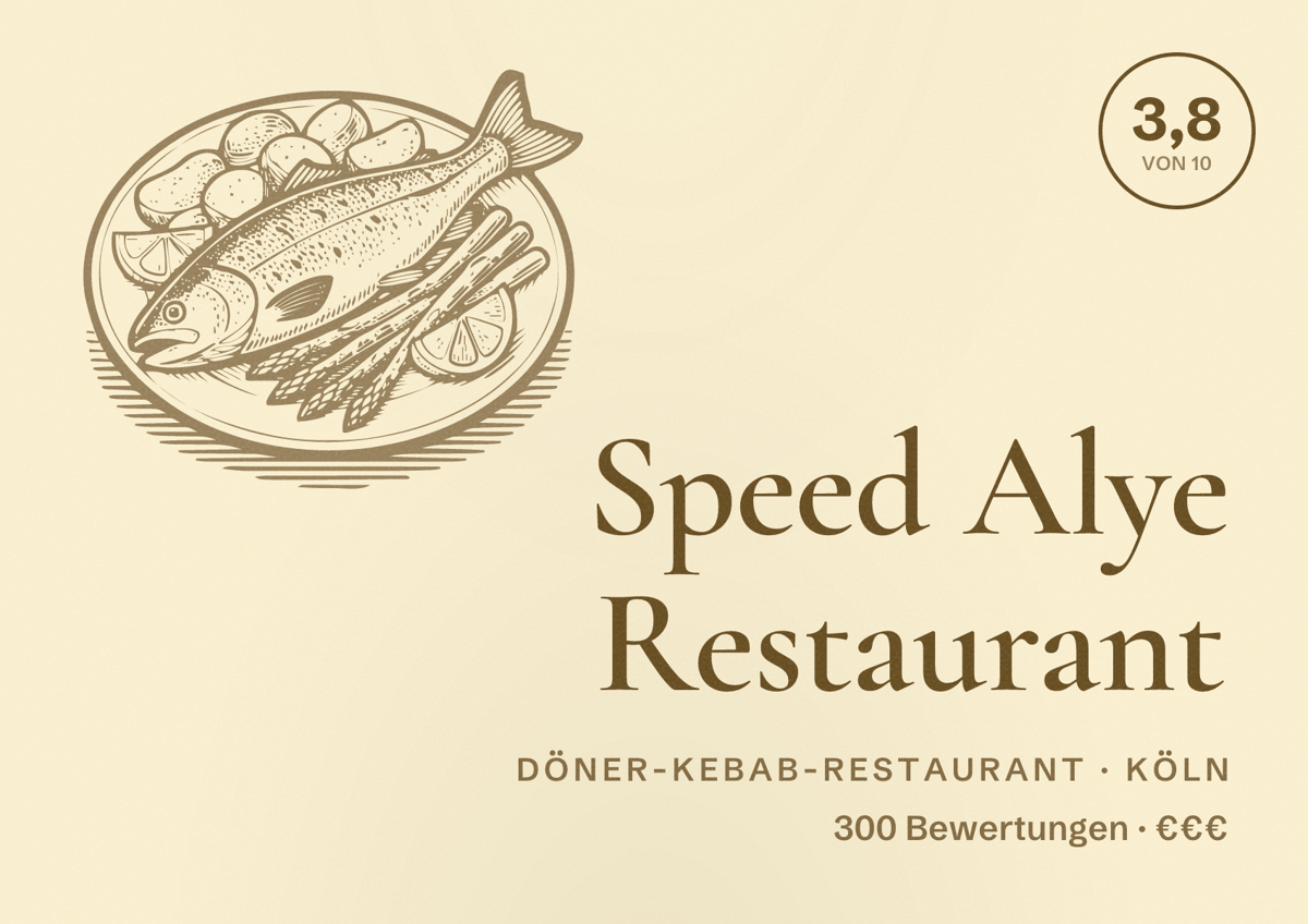 Illustriertes Poster von Speed Alye Restaurant, Döner-Kebab-Restaurant in Köln: Bewertung 3,8 von 10 aus 300 Bewertungen, Preisniveau €€€