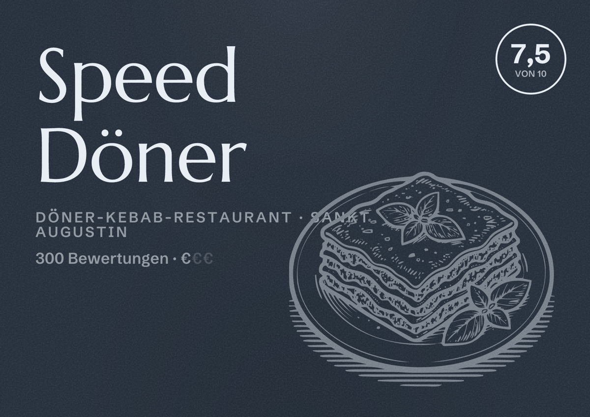 Illustriertes Poster von Speed Döner, Döner-Kebab-Restaurant in Sankt Augustin: Bewertung 7,5 von 10 aus 300 Bewertungen, Preisniveau €