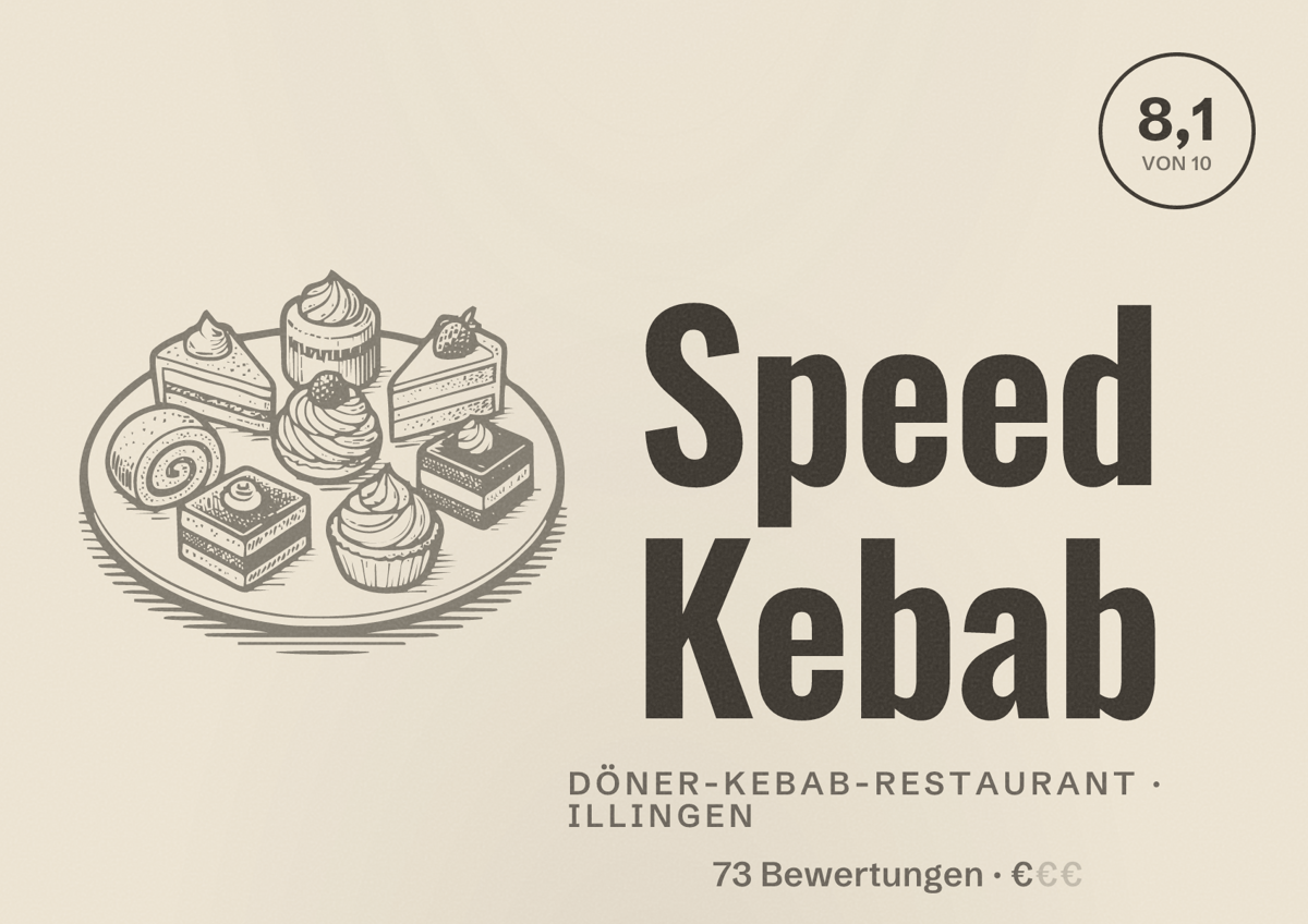 Illustriertes Poster von Speed Kebab, Döner-Kebab-Restaurant in Illingen: Bewertung 8,1 von 10 aus 73 Bewertungen, Preisniveau €