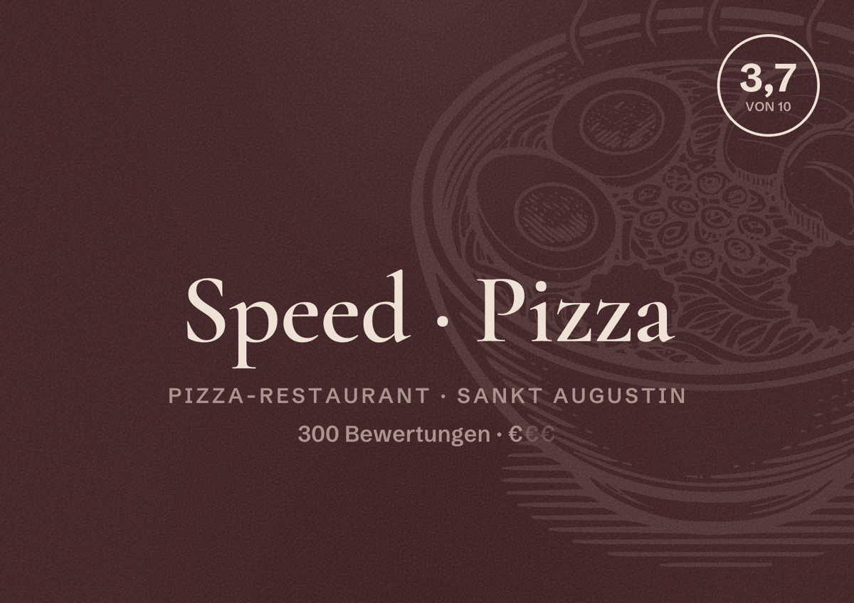 Illustriertes Poster von Speed Pizza, Pizza-Restaurant in Sankt Augustin: Bewertung 3,7 von 10 aus 300 Bewertungen, Preisniveau €