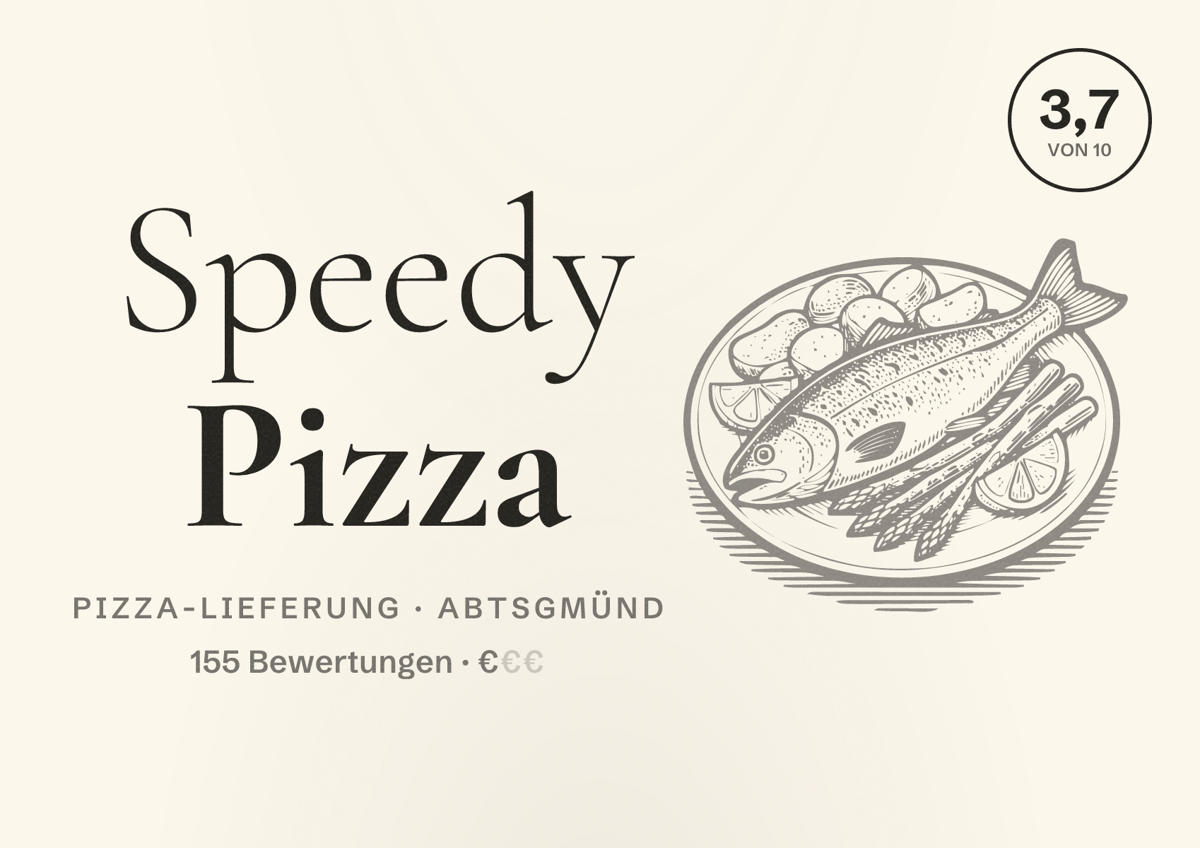 Illustriertes Poster von Speedy Pizza, Pizza-Lieferung in Abtsgmünd: Bewertung 3,7 von 10 aus 155 Bewertungen, Preisniveau €
