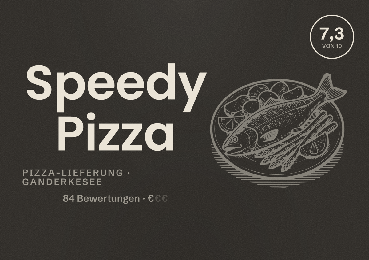 Illustriertes Poster von Speedy Pizza, Pizza-Lieferung in Ganderkesee: Bewertung 7,3 von 10 aus 84 Bewertungen, Preisniveau €