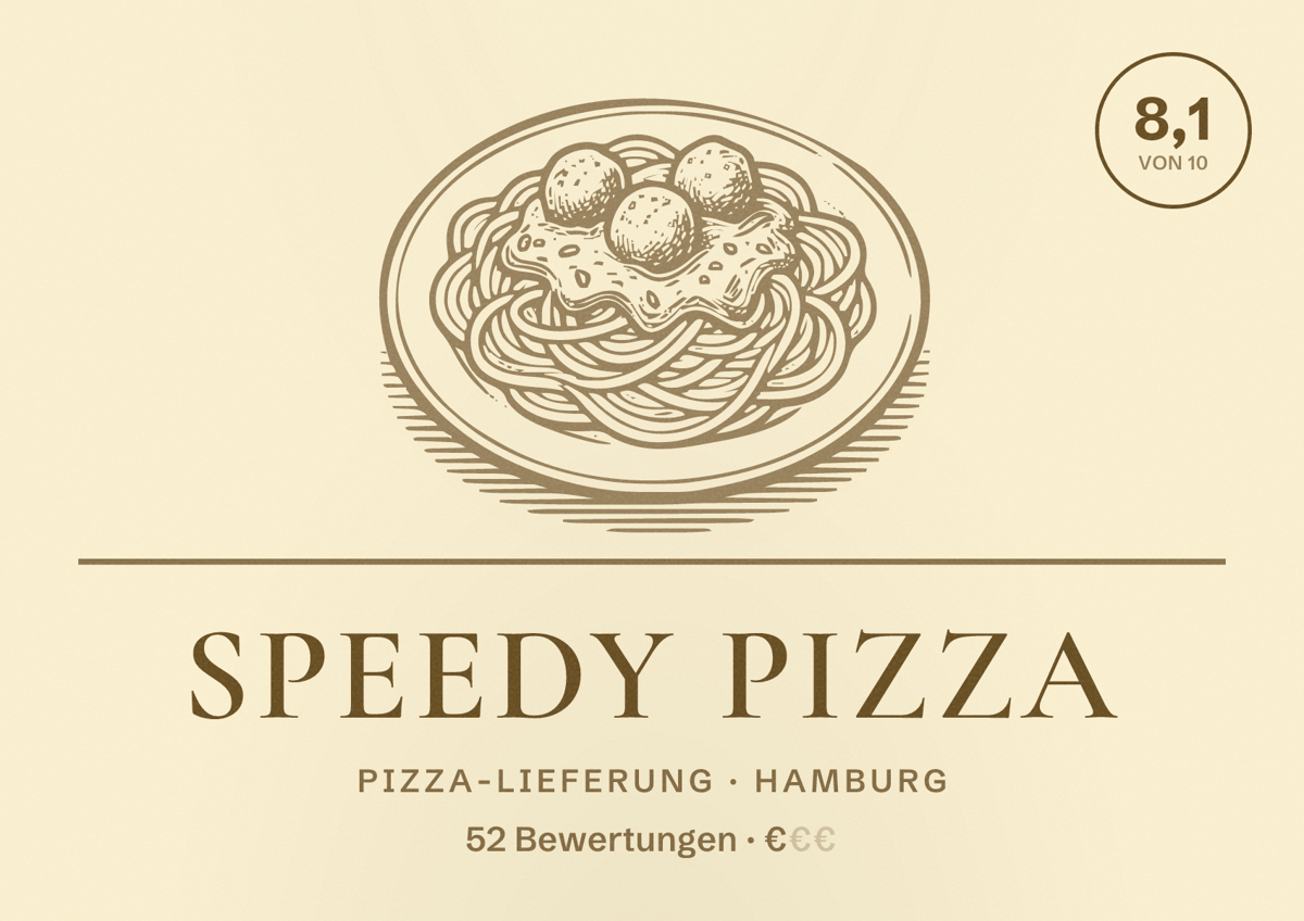 Illustriertes Poster von Speedy Pizza, Pizza-Lieferung in Hamburg: Bewertung 8,1 von 10 aus 52 Bewertungen, Preisniveau €
