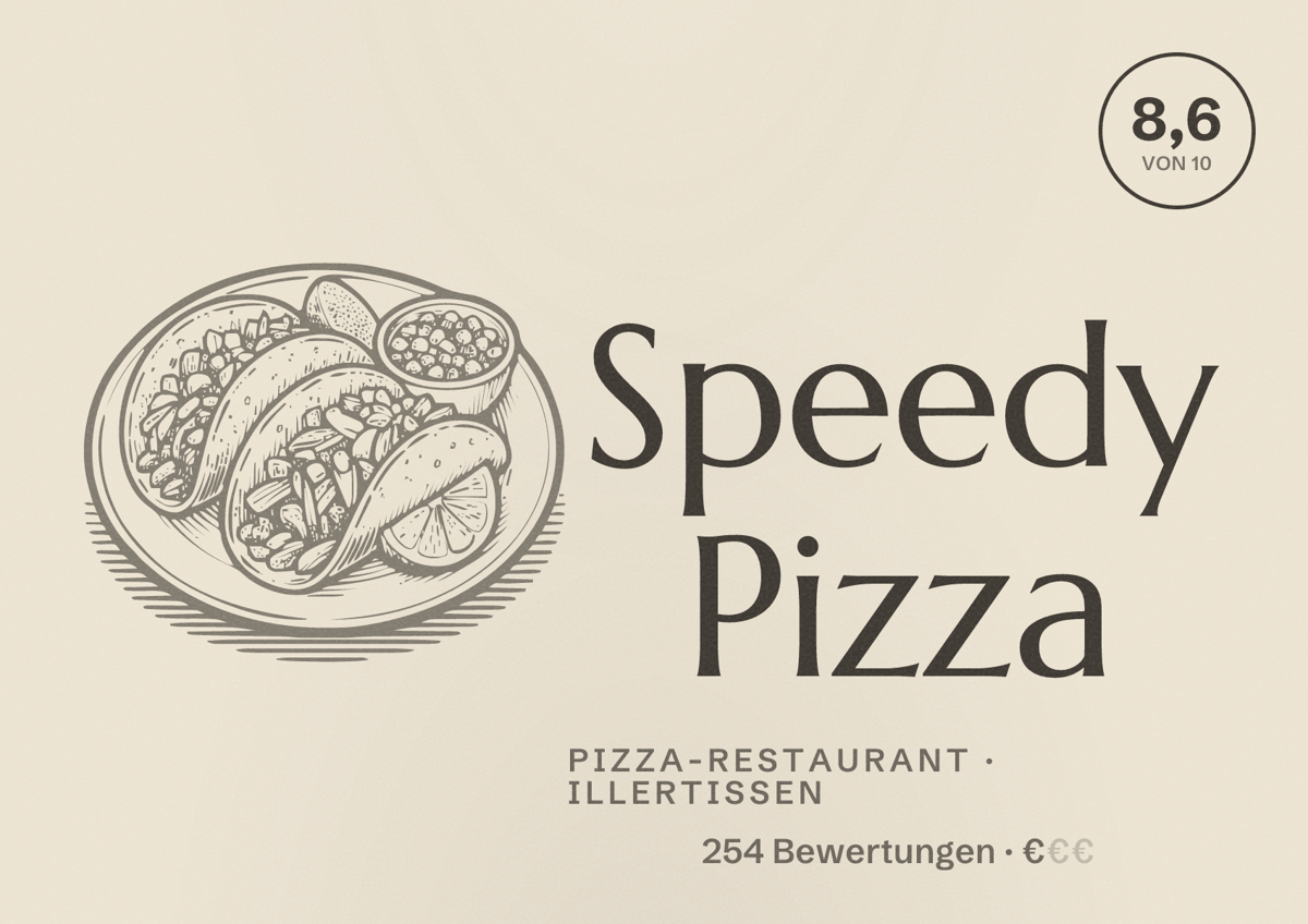 Illustriertes Poster von Speedy Pizza, Pizza-Restaurant in Illertissen: Bewertung 8,6 von 10 aus 254 Bewertungen, Preisniveau €