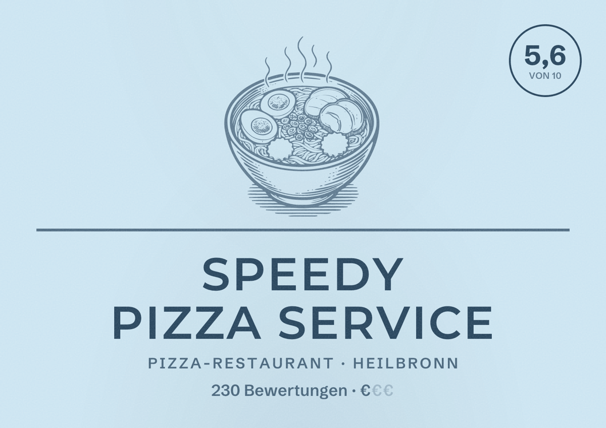 Illustriertes Poster von Speedy Pizza Service, Pizza-Restaurant in Heilbronn: Bewertung 5,6 von 10 aus 230 Bewertungen, Preisniveau €