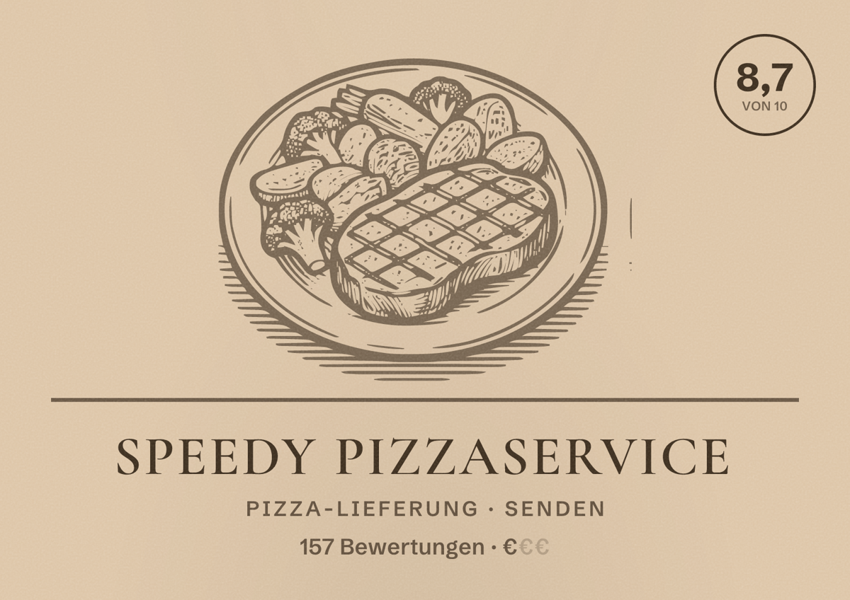 Illustriertes Poster von Speedy Pizzaservice, Pizza-Lieferung in Senden: Bewertung 8,7 von 10 aus 157 Bewertungen, Preisniveau €
