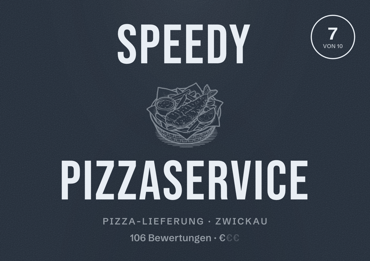 Illustriertes Poster von Speedy Pizzaservice, Pizza-Lieferung in Zwickau: Bewertung 7 von 10 aus 106 Bewertungen, Preisniveau €