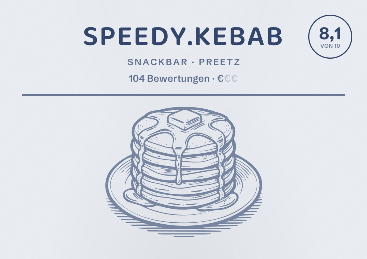 Illustriertes Poster von Speedy.Kebab, Snackbar in Preetz: Bewertung 8,1 von 10 aus 104 Bewertungen, Preisniveau €