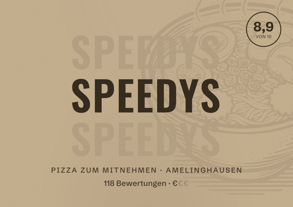 Illustriertes Poster von Speedys, Pizza zum Mitnehmen in Amelinghausen: Bewertung 8,9 von 10 aus 118 Bewertungen, Preisniveau €