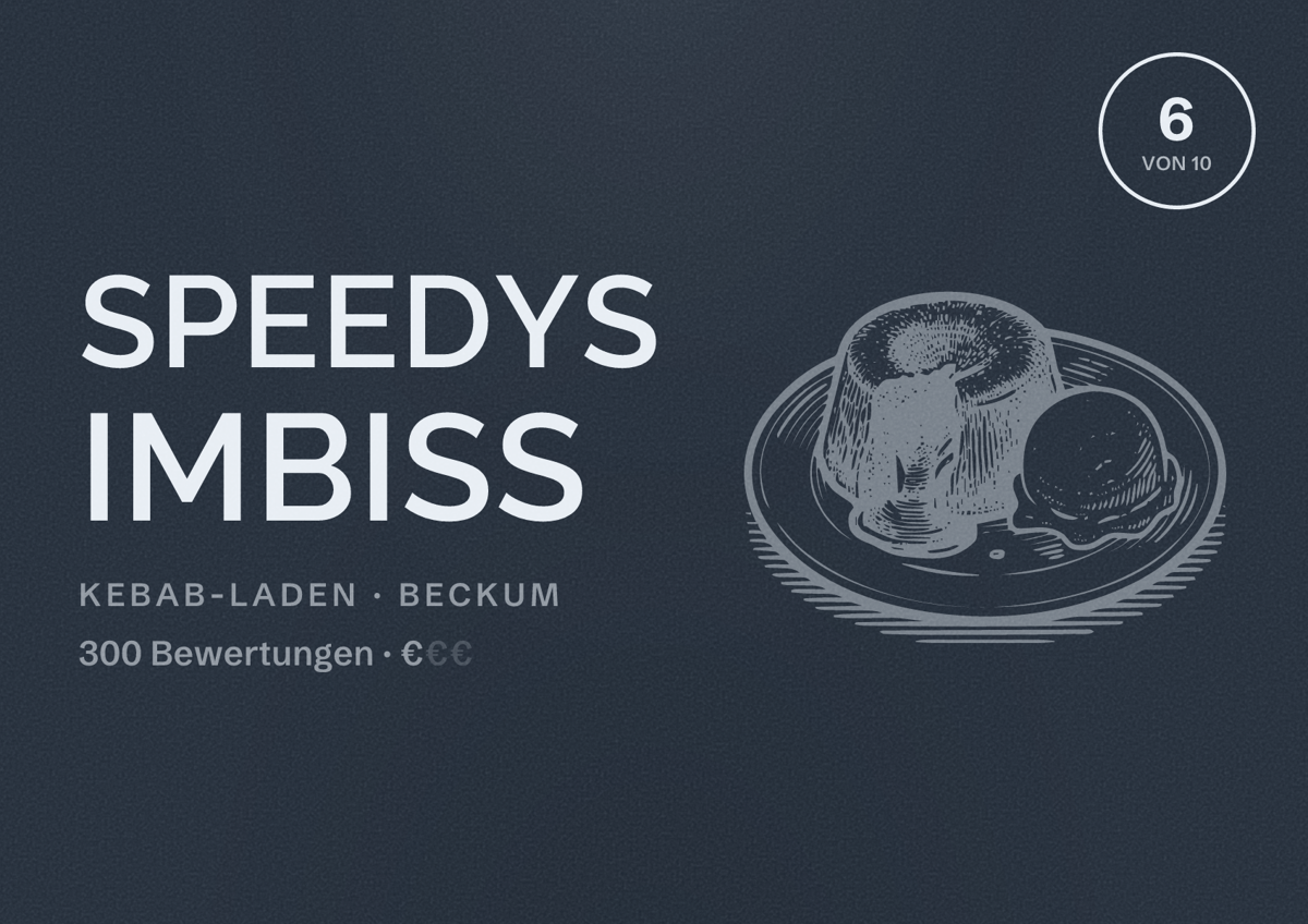 Illustriertes Poster von Speedys Imbiss, Kebab-Laden in Beckum: Bewertung 6 von 10 aus 300 Bewertungen, Preisniveau €