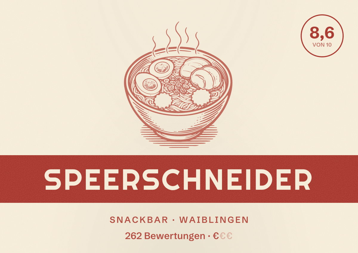 Illustriertes Poster von Speerschneider, Snackbar in Waiblingen: Bewertung 8,6 von 10 aus 262 Bewertungen, Preisniveau €