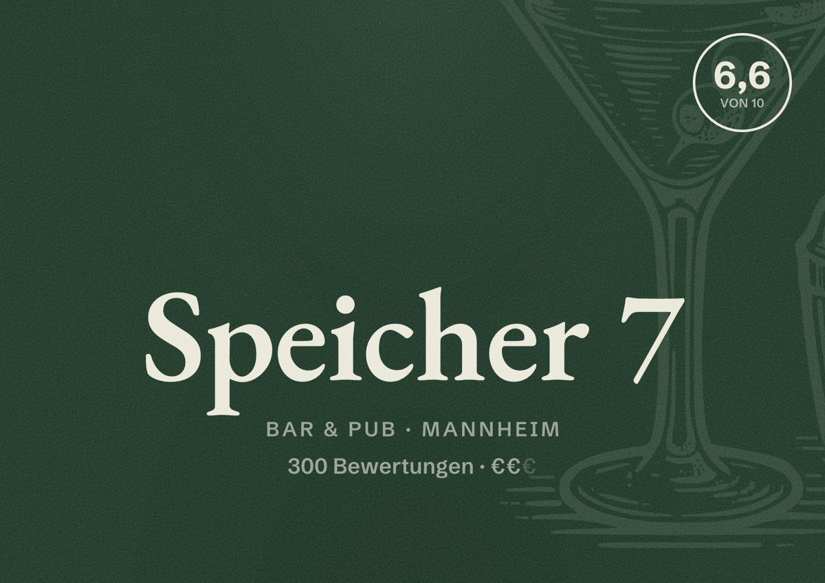 Illustriertes Poster von Speicher 7, Bar & Pub in Mannheim: Bewertung 6,6 von 10 aus 300 Bewertungen, Preisniveau €€