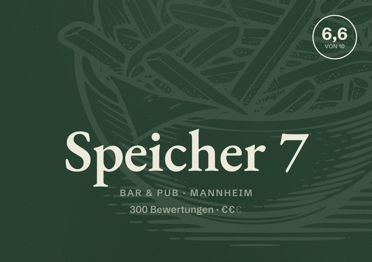 Illustriertes Poster von Speicher 7, Bar & Pub in Mannheim: Bewertung 6,6 von 10 aus 300 Bewertungen, Preisniveau €€