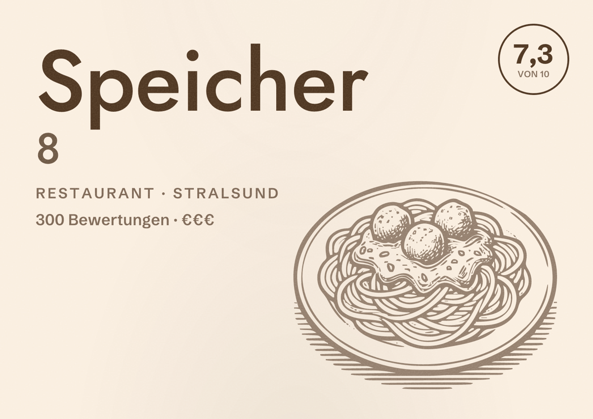 Illustriertes Poster von Speicher 8, Restaurant in Stralsund: Bewertung 7,3 von 10 aus 300 Bewertungen, Preisniveau €€€