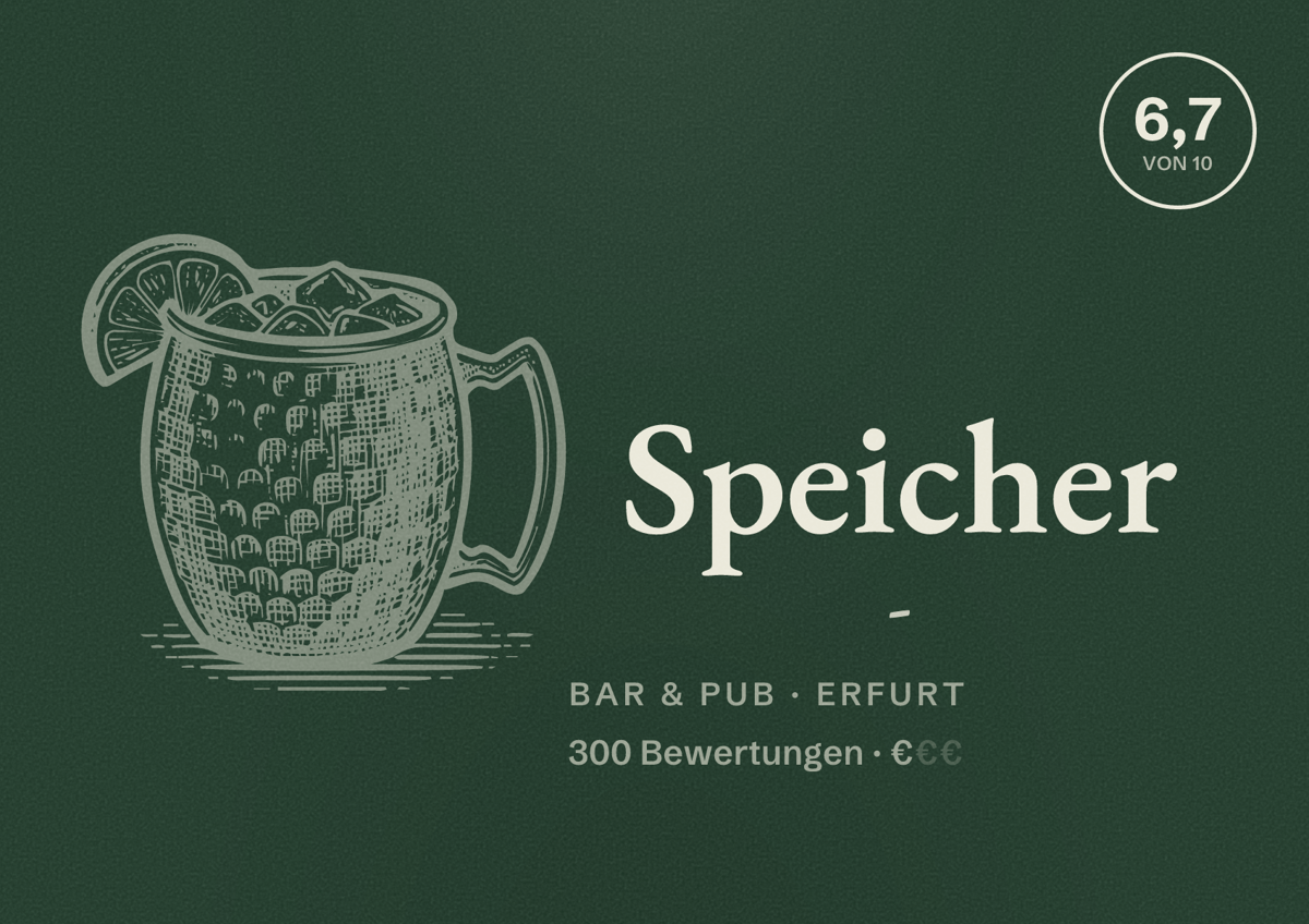 Illustriertes Poster von Speicher -, Bar & Pub in Erfurt: Bewertung 6,7 von 10 aus 300 Bewertungen, Preisniveau €