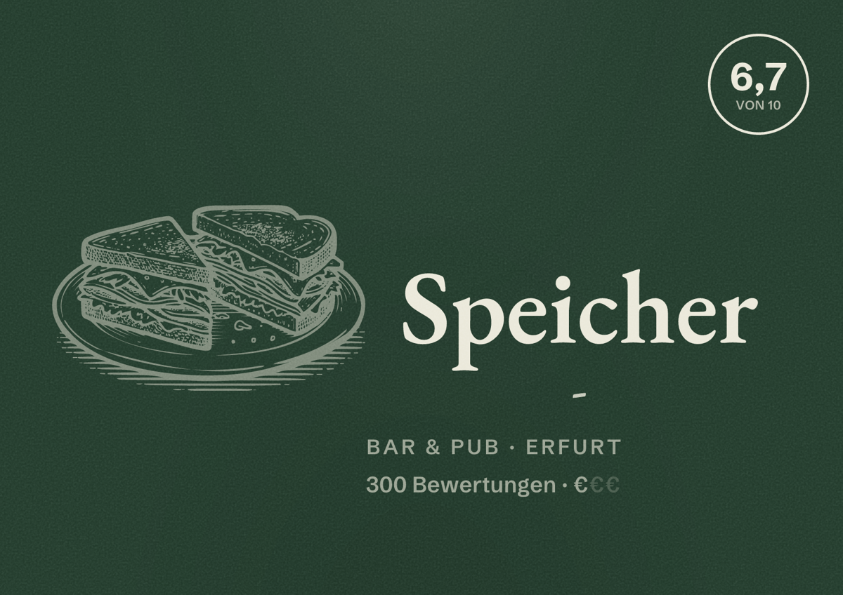 Illustriertes Poster von Speicher -, Bar & Pub in Erfurt: Bewertung 6,7 von 10 aus 300 Bewertungen, Preisniveau €