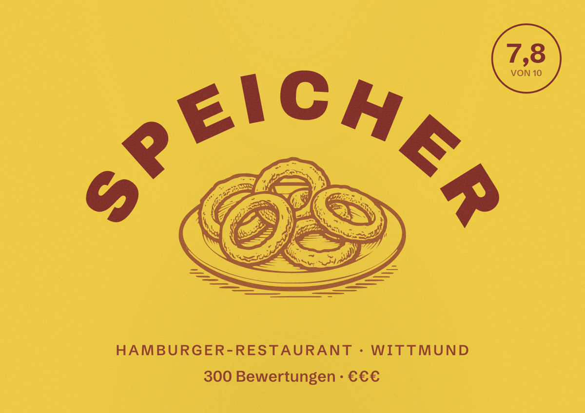 Illustriertes Poster von Speicher, Hamburger-Restaurant in Wittmund: Bewertung 7,8 von 10 aus 300 Bewertungen, Preisniveau €€€