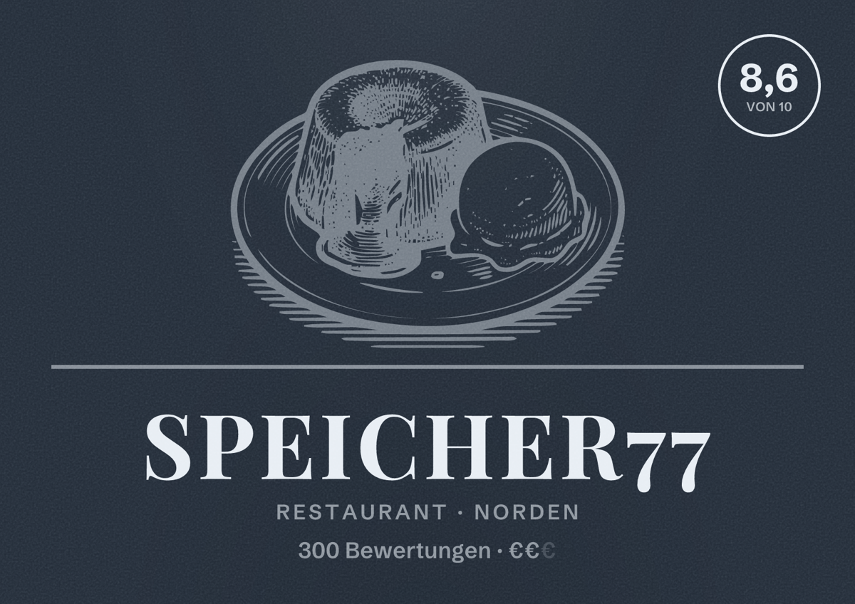 Illustriertes Poster von Speicher77, Restaurant in Norden: Bewertung 8,6 von 10 aus 300 Bewertungen, Preisniveau €€