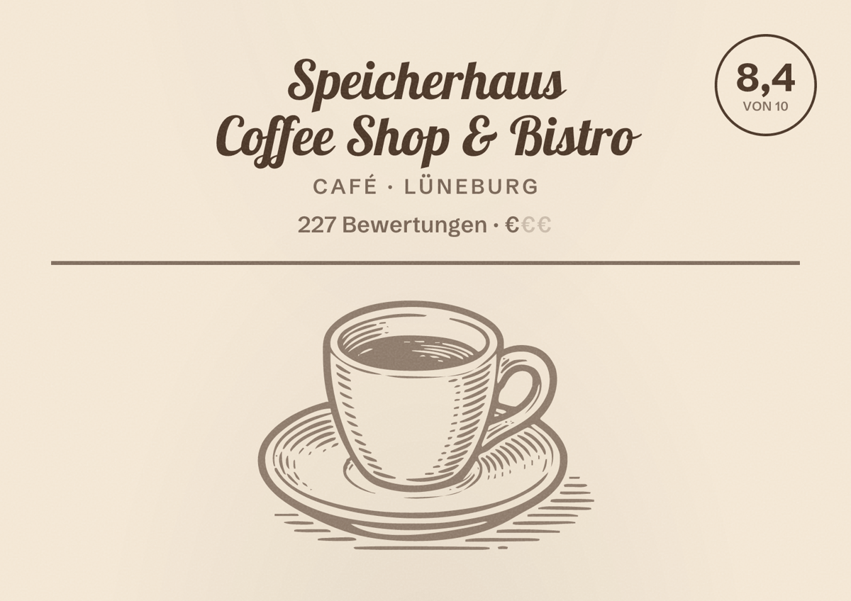 Illustriertes Poster von Speicherhaus Coffee Shop & Bistro, Café in Lüneburg: Bewertung 8,4 von 10 aus 227 Bewertungen, Preisniveau €