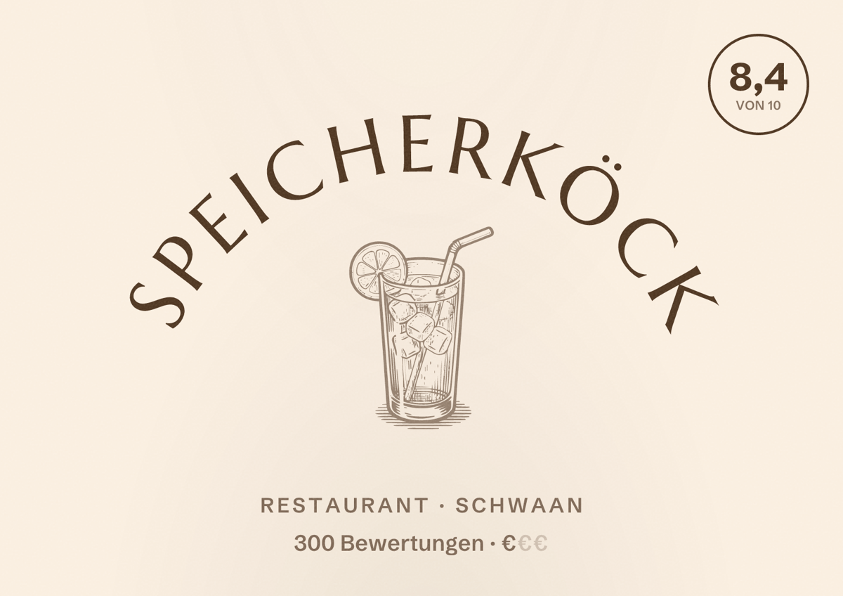 Illustriertes Poster von Speicherköck, Restaurant in Schwaan: Bewertung 8,4 von 10 aus 300 Bewertungen, Preisniveau €