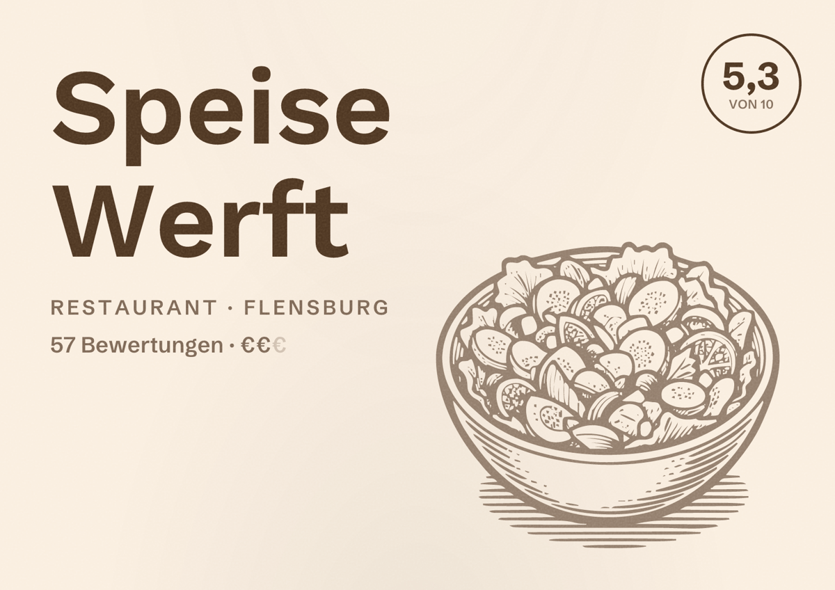 Illustriertes Poster von Speise Werft, Restaurant in Flensburg: Bewertung 5,3 von 10 aus 57 Bewertungen, Preisniveau €€