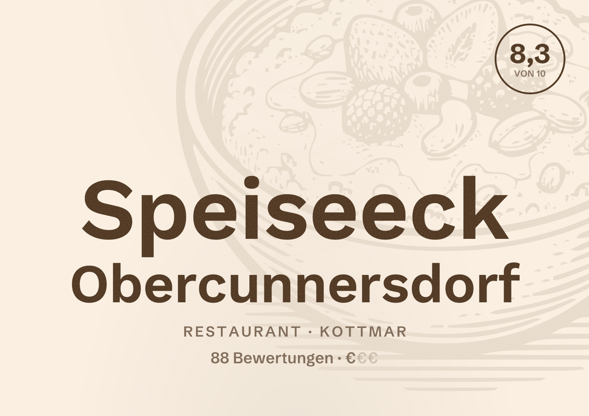 Illustriertes Poster von Speiseeck Obercunnersdorf, Restaurant in Kottmar: Bewertung 8,3 von 10 aus 88 Bewertungen, Preisniveau €