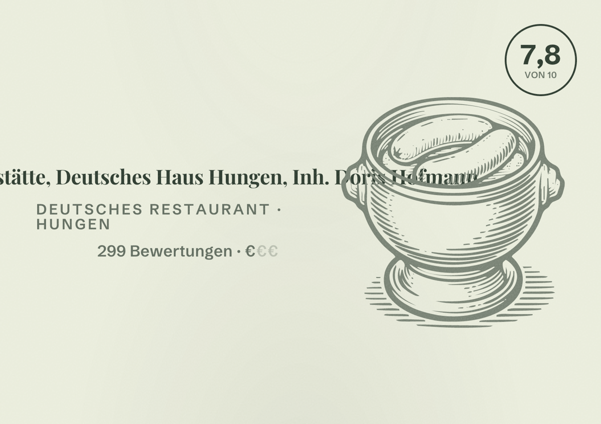 Illustriertes Poster von Speisegaststätte, Deutsches Haus Hungen, Inh. Doris Hofmann, Deutsches Restaurant in Hungen: Bewertung 7,8 von 10 aus 299 Bewertungen, Preisniveau €