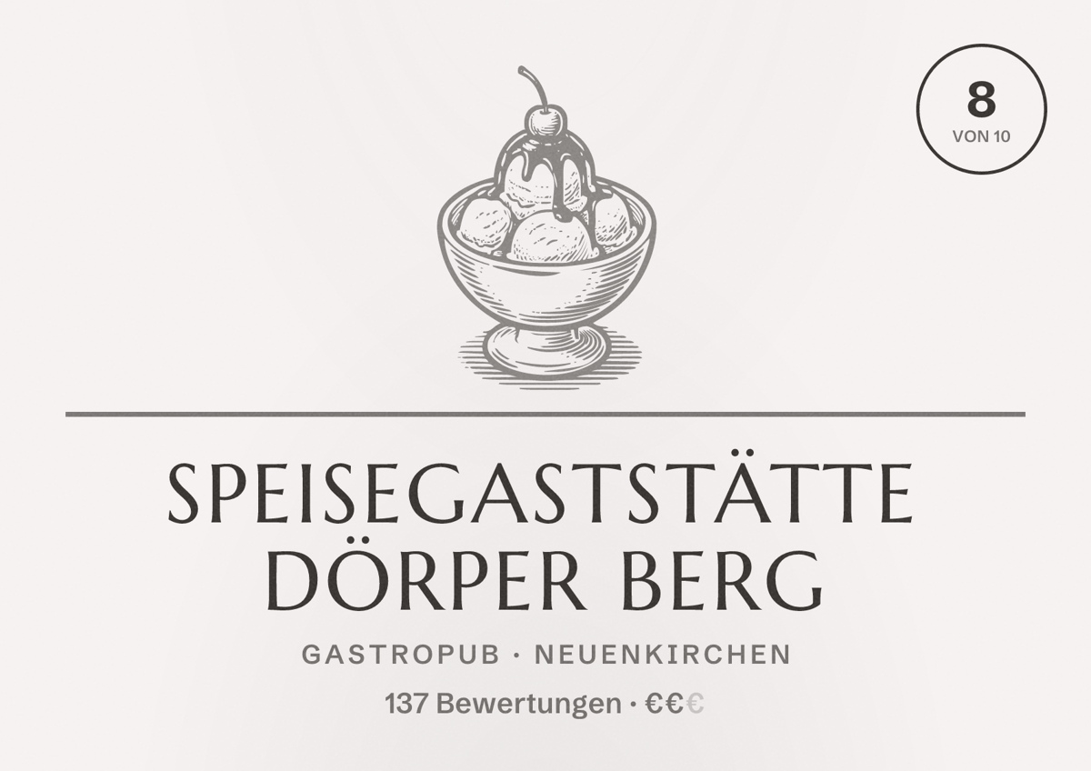 Illustriertes Poster von Speisegaststätte Dörper Berg, Gastropub in Neuenkirchen: Bewertung 8 von 10 aus 137 Bewertungen, Preisniveau €€