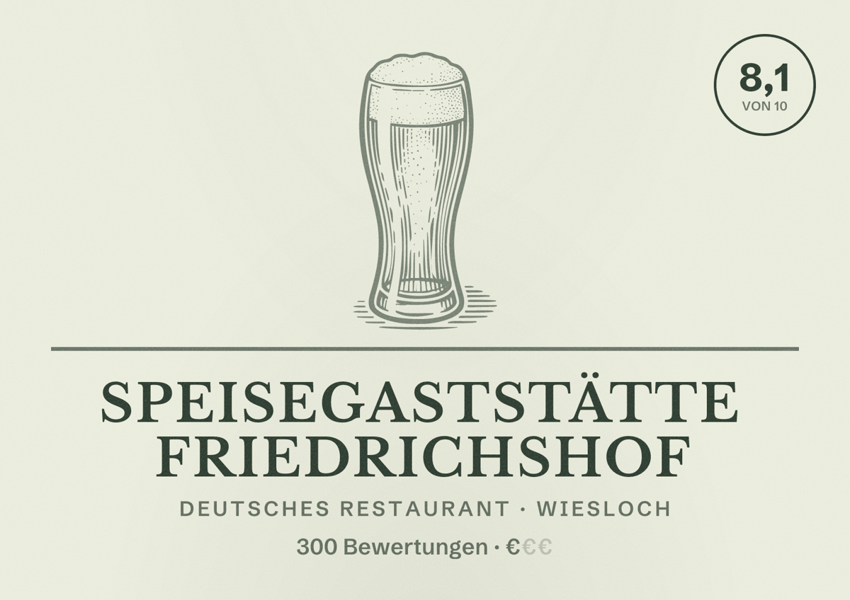 Illustriertes Poster von Speisegaststätte Friedrichshof, Deutsches Restaurant in Wiesloch: Bewertung 8,1 von 10 aus 300 Bewertungen, Preisniveau €