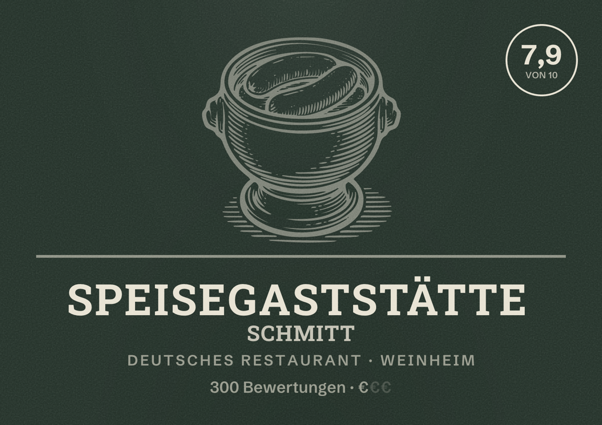 Illustriertes Poster von Speisegaststätte Schmitt, Deutsches Restaurant in Weinheim: Bewertung 7,9 von 10 aus 300 Bewertungen, Preisniveau €