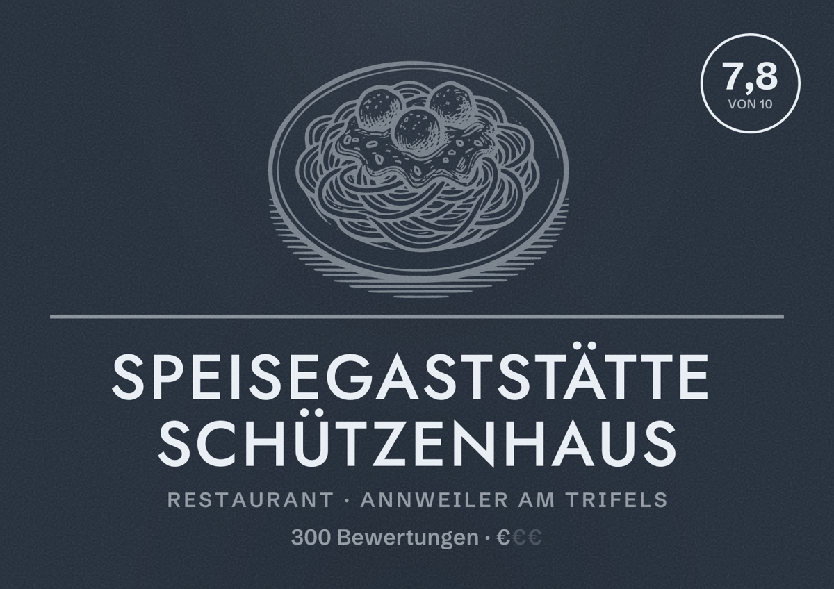 Illustriertes Poster von Speisegaststätte Schützenhaus, Restaurant in Annweiler am Trifels: Bewertung 7,8 von 10 aus 300 Bewertungen, Preisniveau €