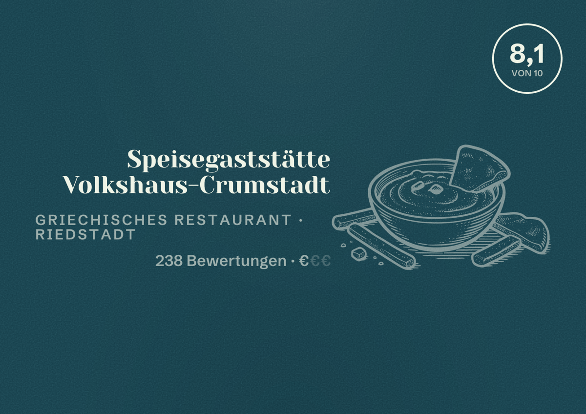 Illustriertes Poster von Speisegaststätte Volkshaus-Crumstadt, Griechisches Restaurant in Riedstadt: Bewertung 8,1 von 10 aus 238 Bewertungen, Preisniveau €