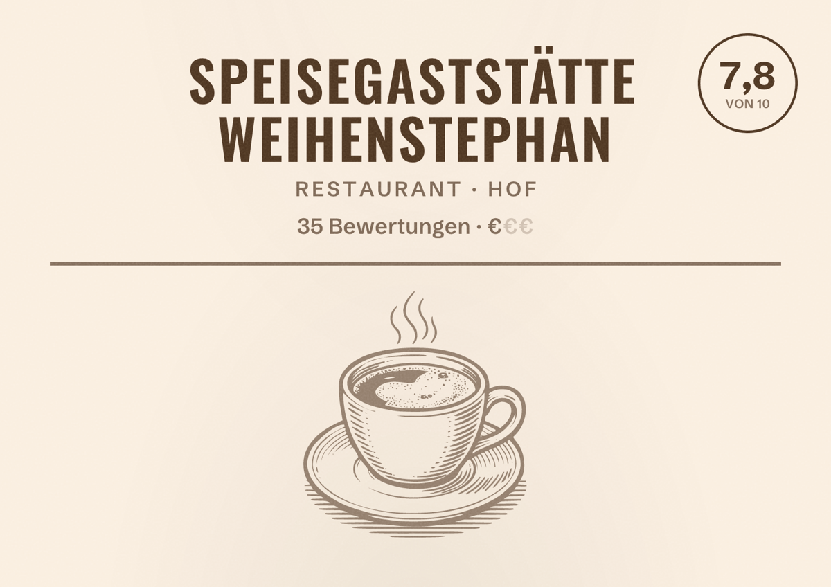 Illustriertes Poster von Speisegaststätte Weihenstephan, Restaurant in Hof: Bewertung 7,8 von 10 aus 35 Bewertungen, Preisniveau €