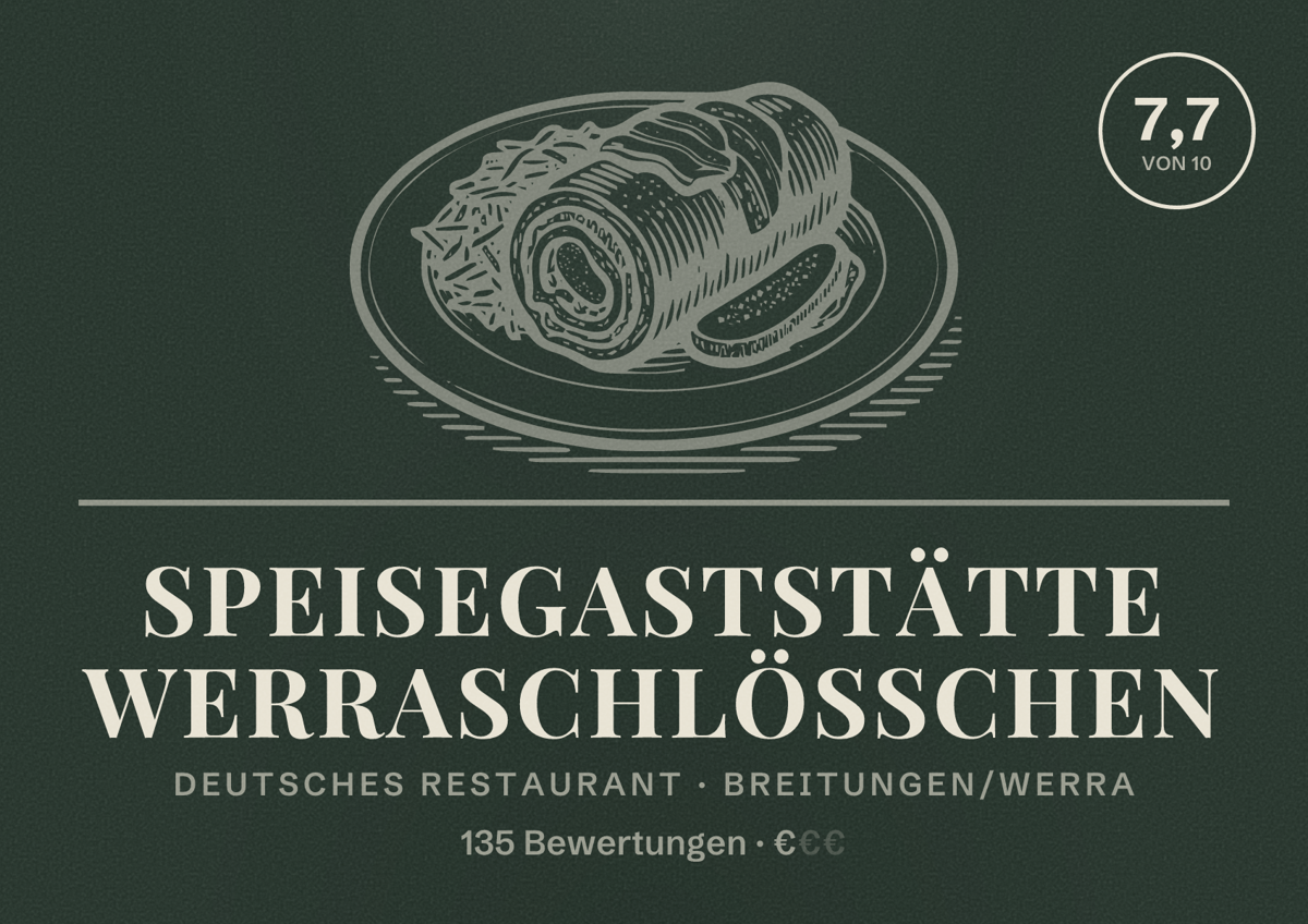 Illustriertes Poster von Speisegaststätte Werraschlößchen, Deutsches Restaurant in Breitungen/Werra: Bewertung 7,7 von 10 aus 135 Bewertungen, Preisniveau €