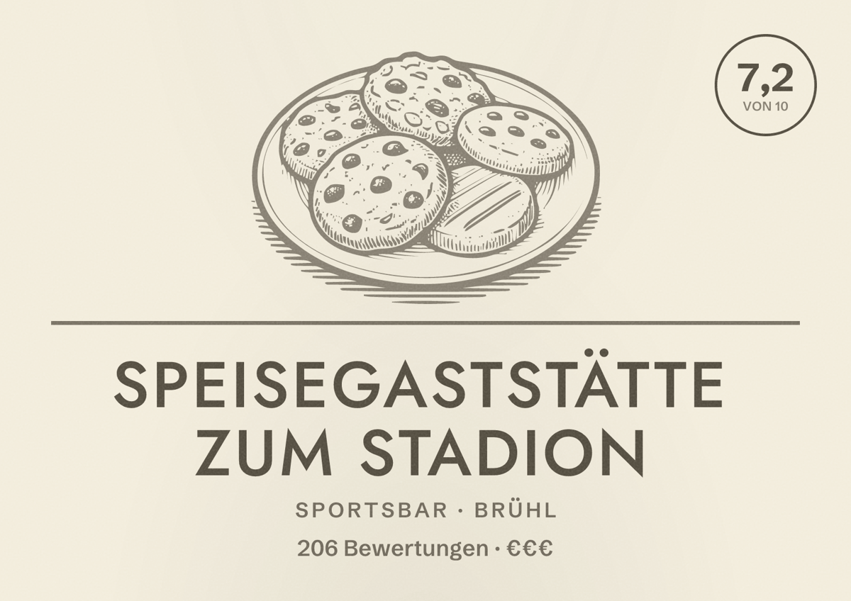 Illustriertes Poster von Speisegaststätte Zum Stadion, Sportsbar in Brühl: Bewertung 7,2 von 10 aus 206 Bewertungen, Preisniveau €€€