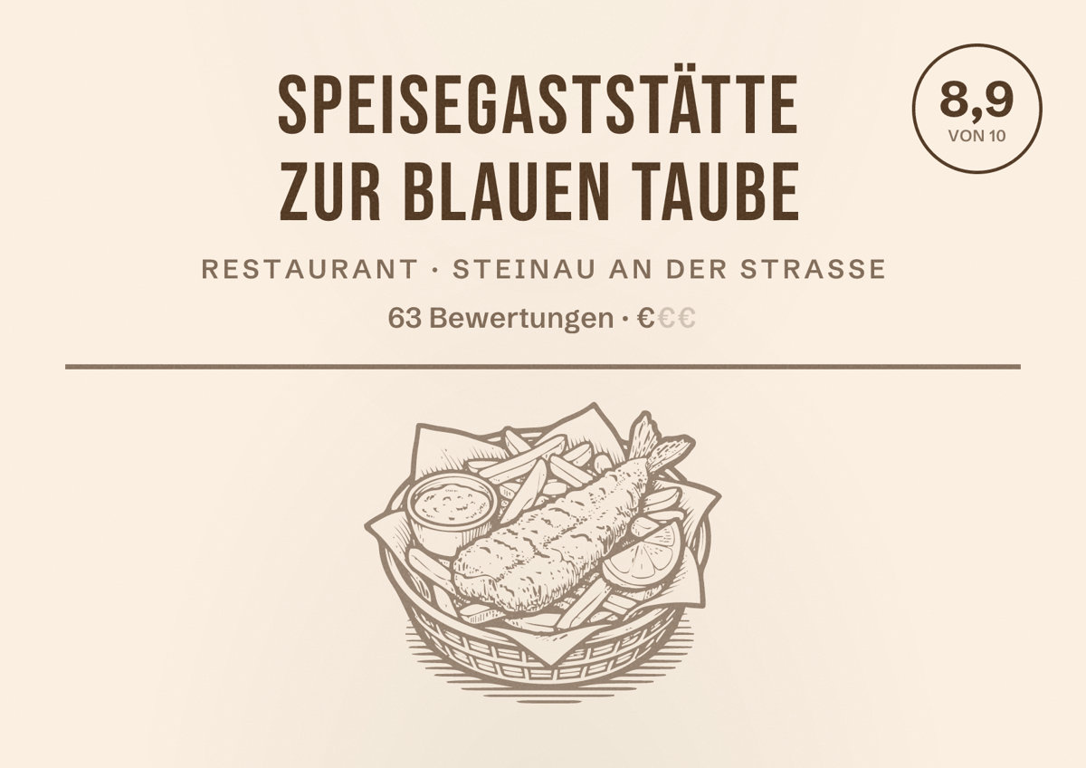 Illustriertes Poster von Speisegaststätte Zur Blauen Taube, Restaurant in Steinau an der Straße: Bewertung 8,9 von 10 aus 63 Bewertungen, Preisniveau €