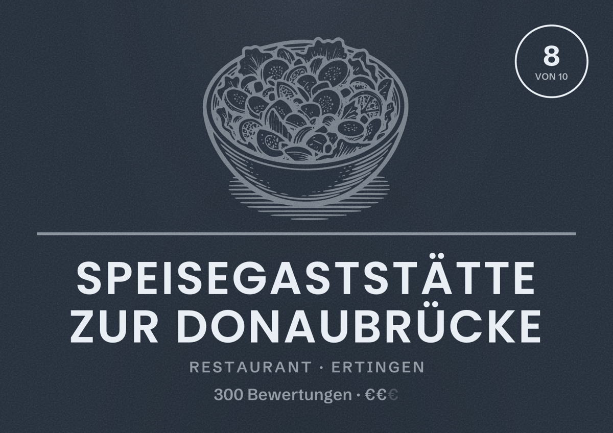 Illustriertes Poster von Speisegaststätte Zur Donaubrücke, Restaurant in Ertingen: Bewertung 8 von 10 aus 300 Bewertungen, Preisniveau €€
