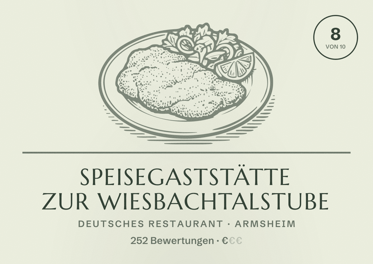 Illustriertes Poster von Speisegaststätte Zur Wiesbachtalstube, Deutsches Restaurant in Armsheim: Bewertung 8 von 10 aus 252 Bewertungen, Preisniveau €
