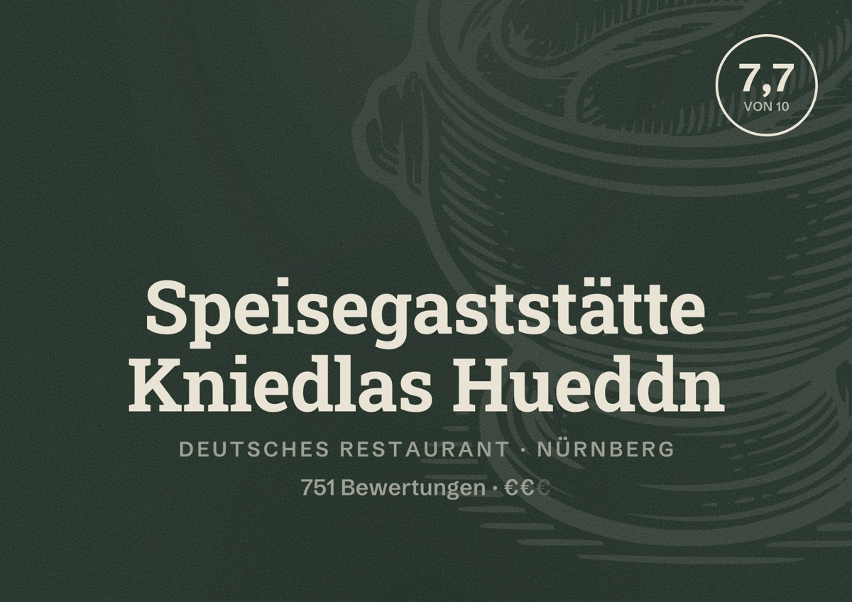 Illustriertes Poster von Speisegaststätte Kniedlas Hueddn, Deutsches Restaurant in Nürnberg: Bewertung 7,7 von 10 aus 751 Bewertungen, Preisniveau €€