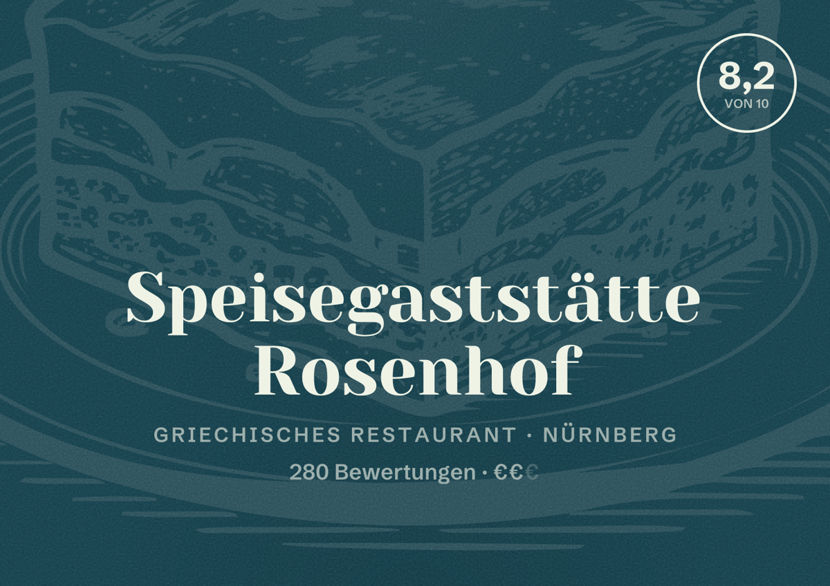 Illustriertes Poster von Speisegaststätte Rosenhof, Griechisches Restaurant in Nürnberg: Gästebewertung 8,2 von 10 aus 280 Bewertungen