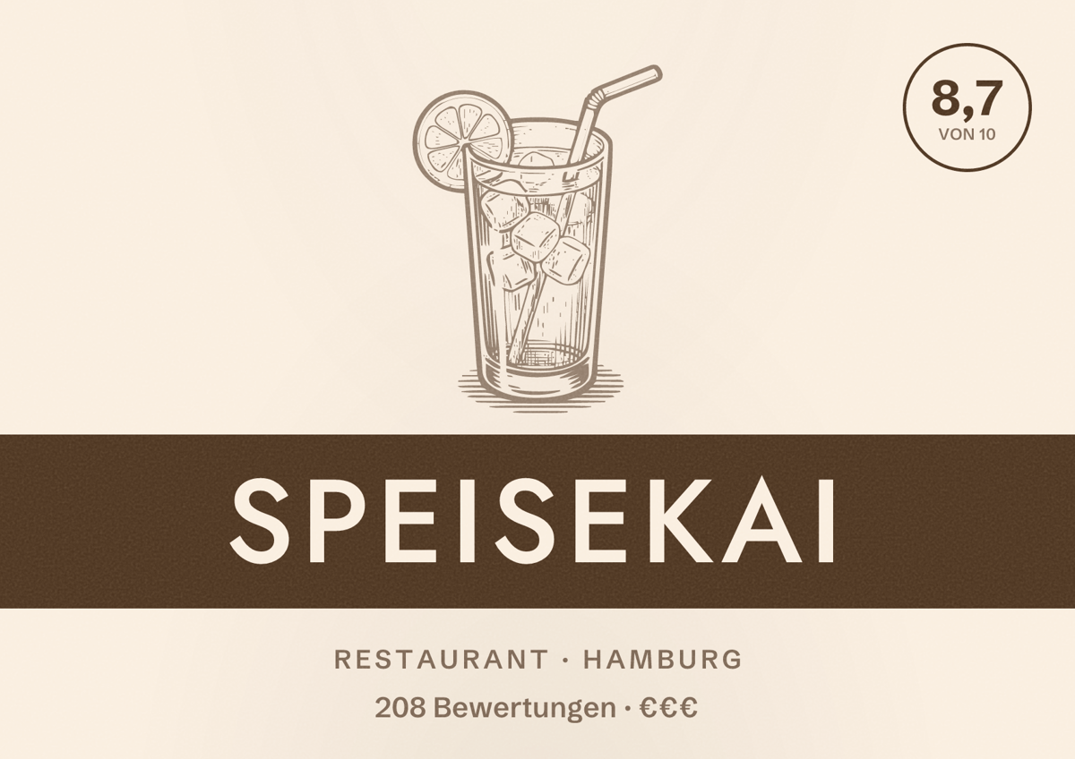 Illustriertes Poster von Speisekai, Restaurant in Hamburg: Bewertung 8,7 von 10 aus 208 Bewertungen, Preisniveau €€€