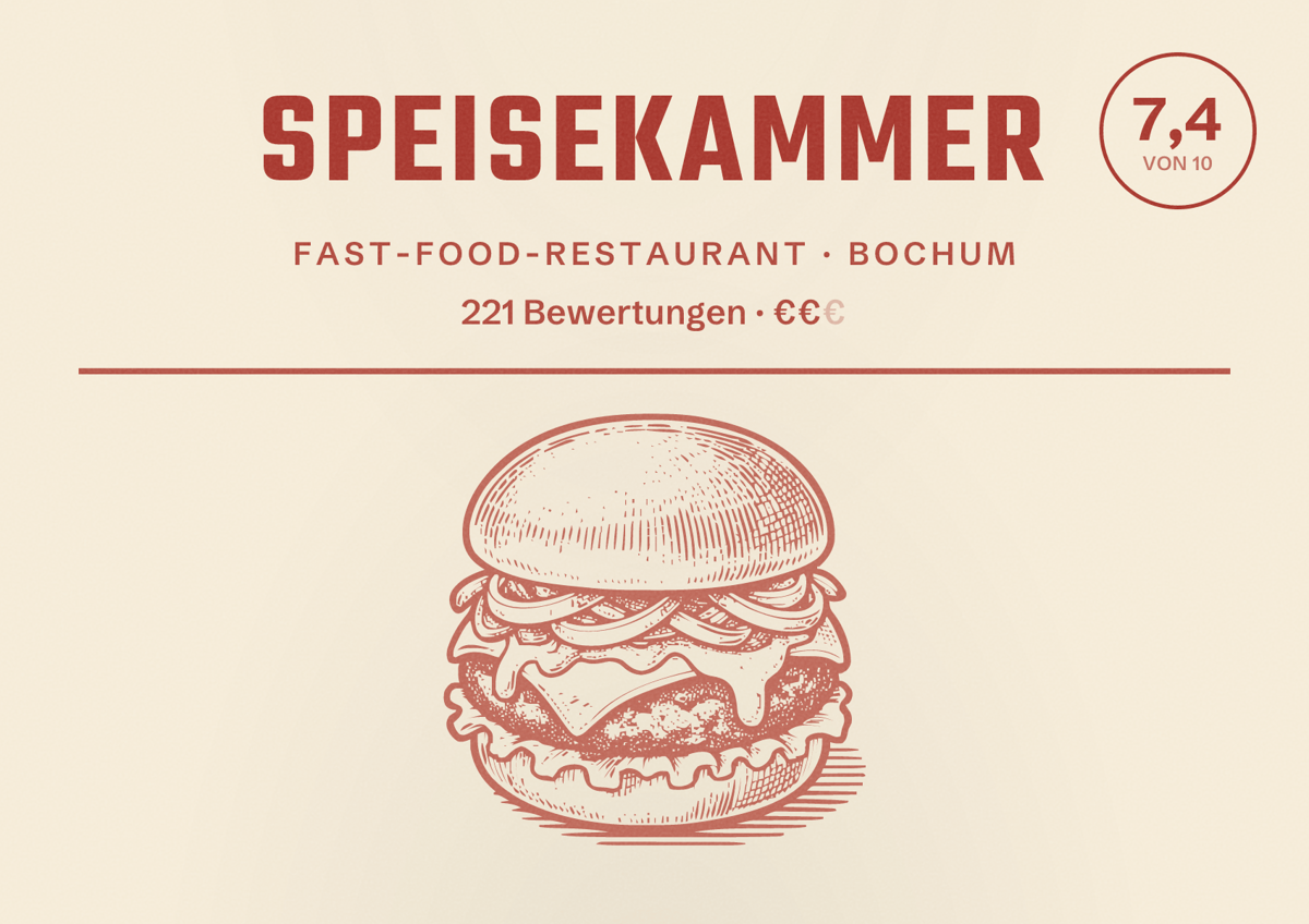 Illustriertes Poster von Speisekammer, Fast-Food-Restaurant in Bochum: Bewertung 7,4 von 10 aus 221 Bewertungen, Preisniveau €€