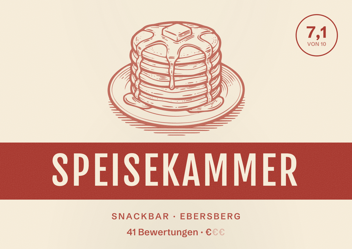 Illustriertes Poster von Speisekammer, Snackbar in Ebersberg: Bewertung 7,1 von 10 aus 41 Bewertungen, Preisniveau €