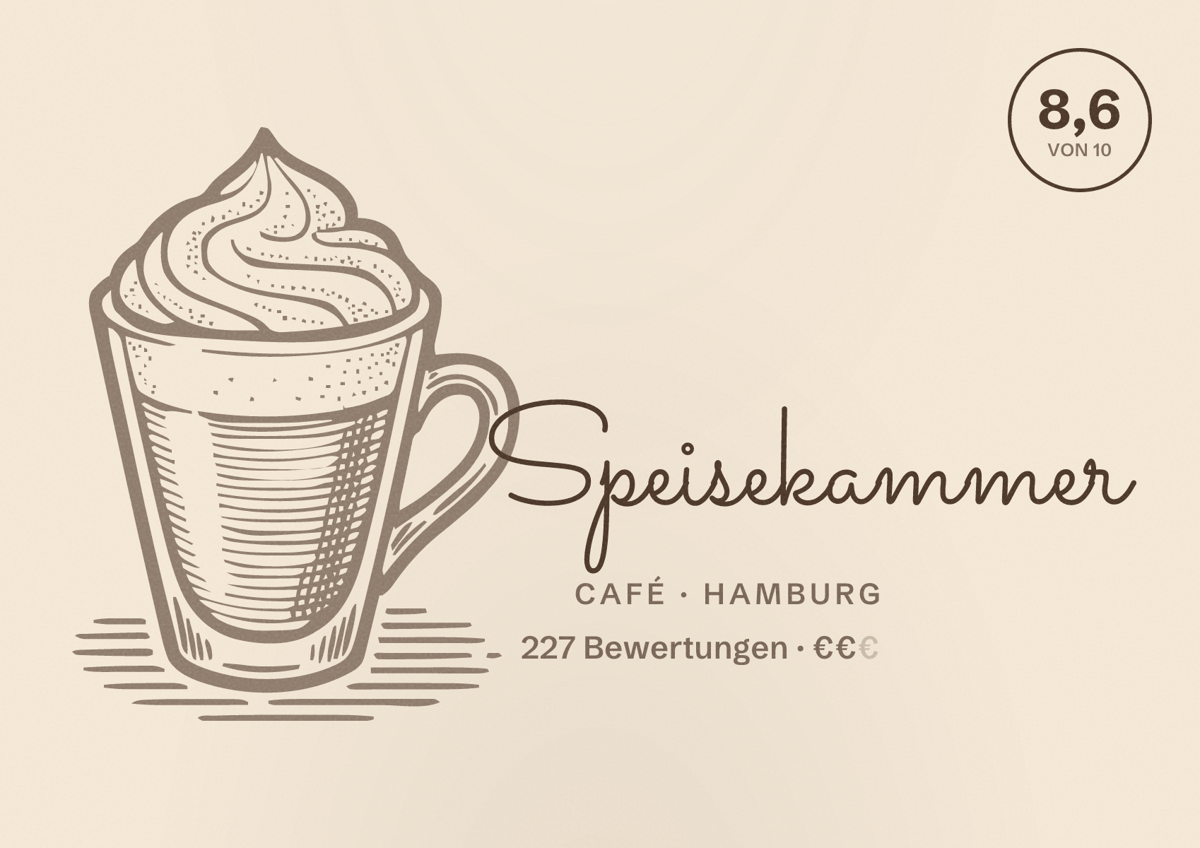 Illustriertes Poster von Speisekammer, Café in Hamburg: Bewertung 8,6 von 10 aus 227 Bewertungen, Preisniveau €€