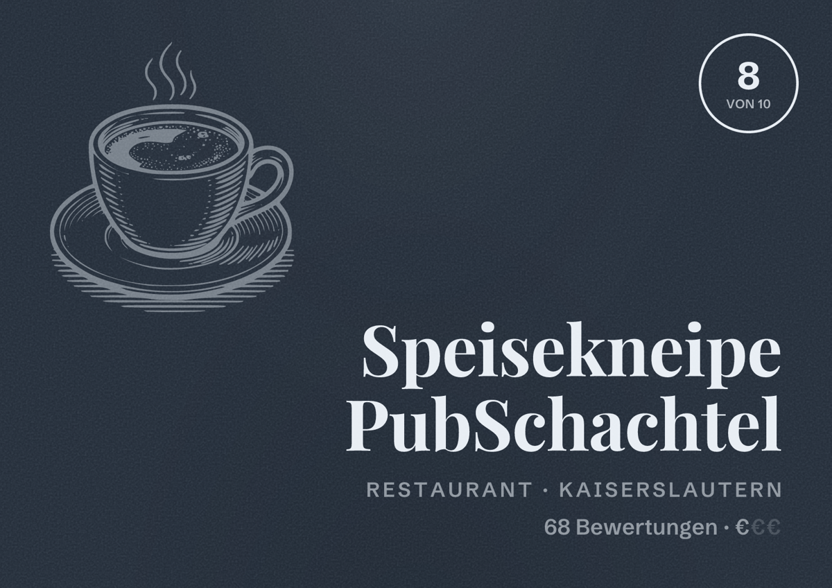 Illustriertes Poster von Speisekneipe PubSchachtel, Restaurant in Kaiserslautern: Bewertung 8 von 10 aus 68 Bewertungen, Preisniveau €