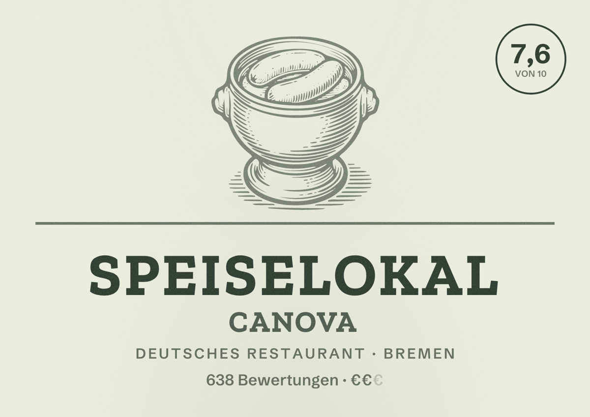 Illustriertes Poster von Speiselokal Canova, Deutsches Restaurant in Bremen: Bewertung 7,6 von 10 aus 638 Bewertungen, Preisniveau €€