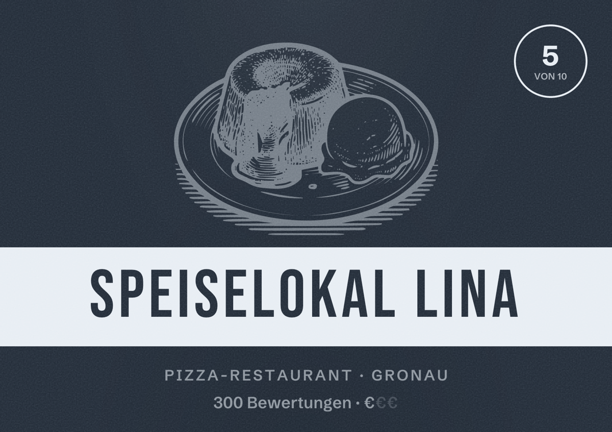 Illustriertes Poster von Speiselokal Lina, Pizza-Restaurant in Gronau: Bewertung 5 von 10 aus 300 Bewertungen, Preisniveau €