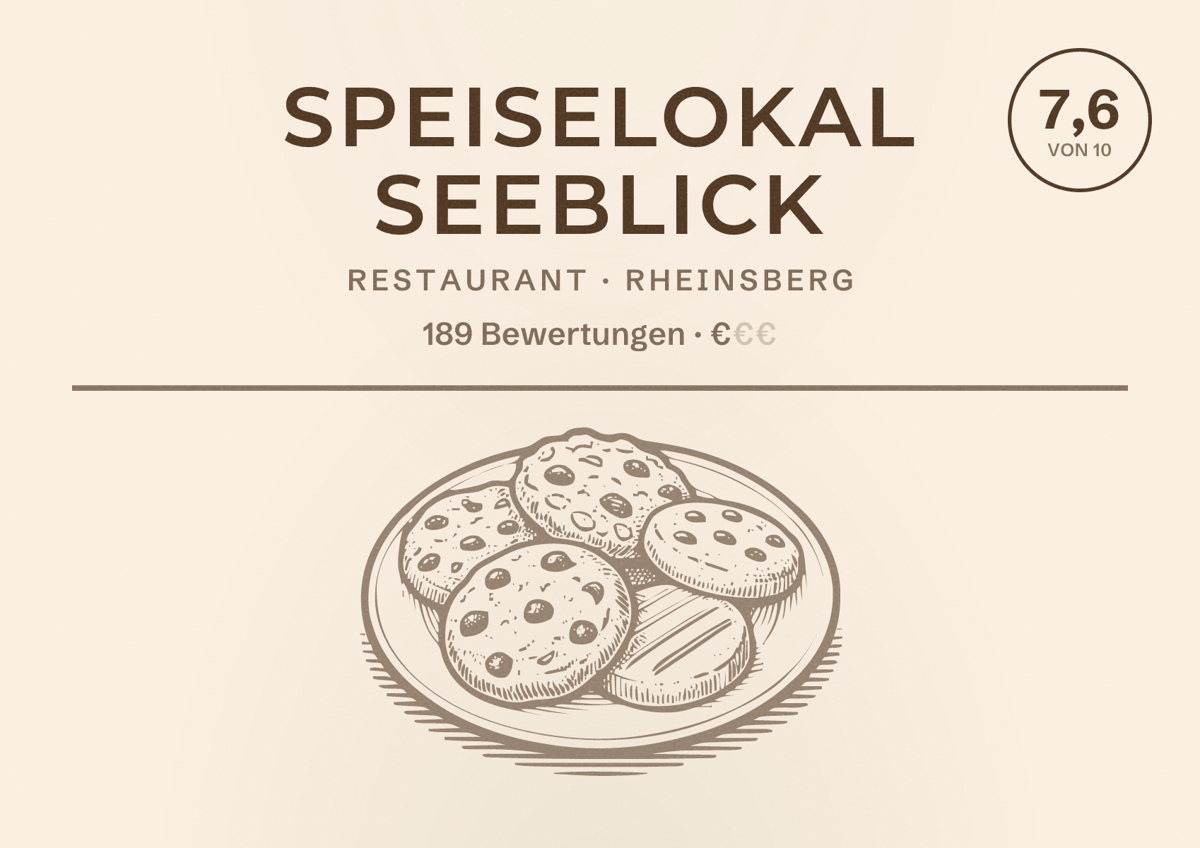 Illustriertes Poster von Speiselokal Seeblick, Restaurant in Rheinsberg: Bewertung 7,6 von 10 aus 189 Bewertungen, Preisniveau €