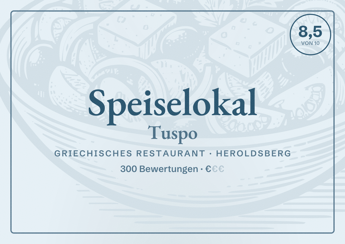 Illustriertes Poster von Speiselokal Tuspo, Griechisches Restaurant in Heroldsberg: Bewertung 8,5 von 10 aus 300 Bewertungen, Preisniveau €