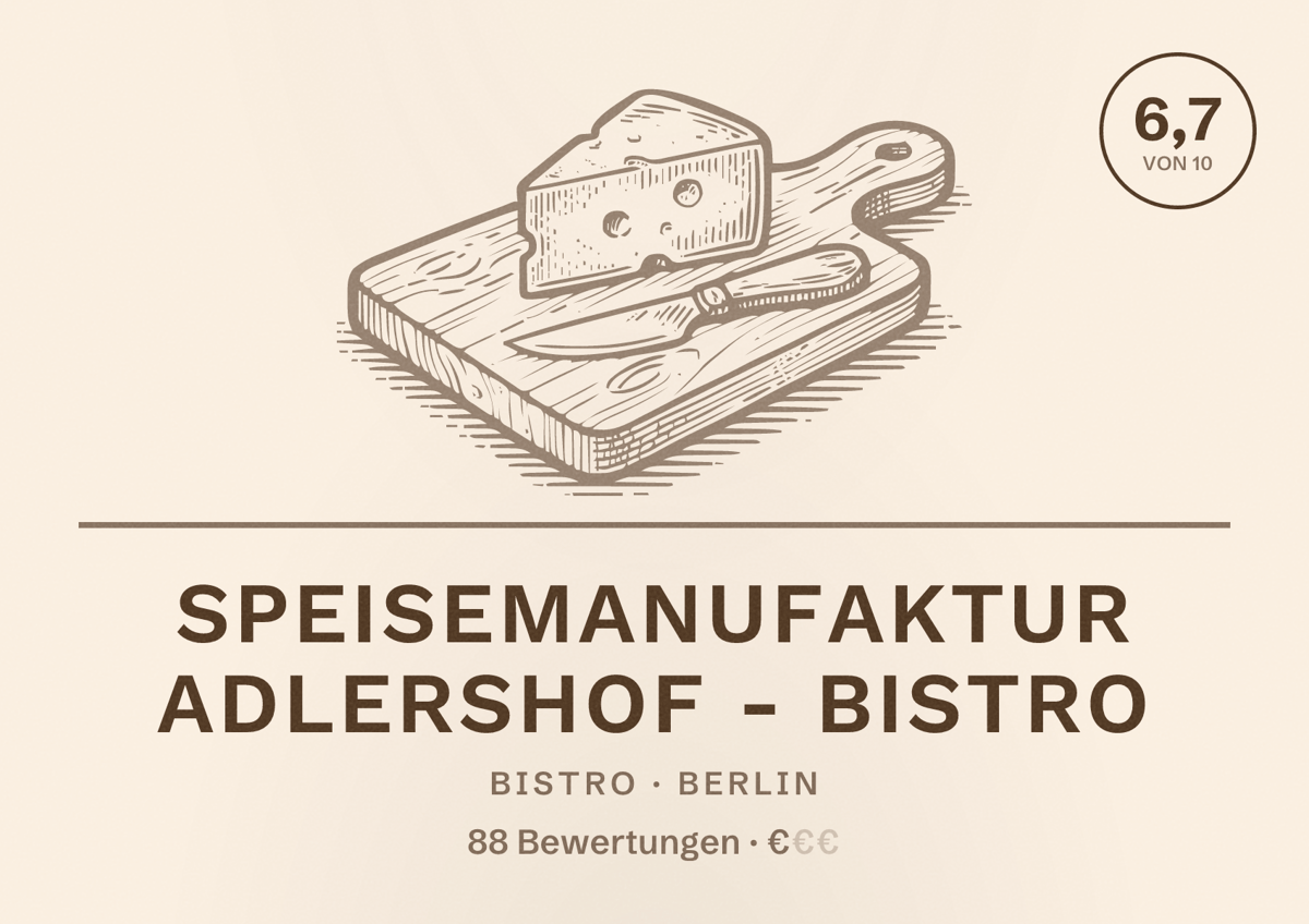 Illustriertes Poster von Speisemanufaktur Adlershof - Bistro, Bistro in Berlin: Bewertung 6,7 von 10 aus 88 Bewertungen, Preisniveau €